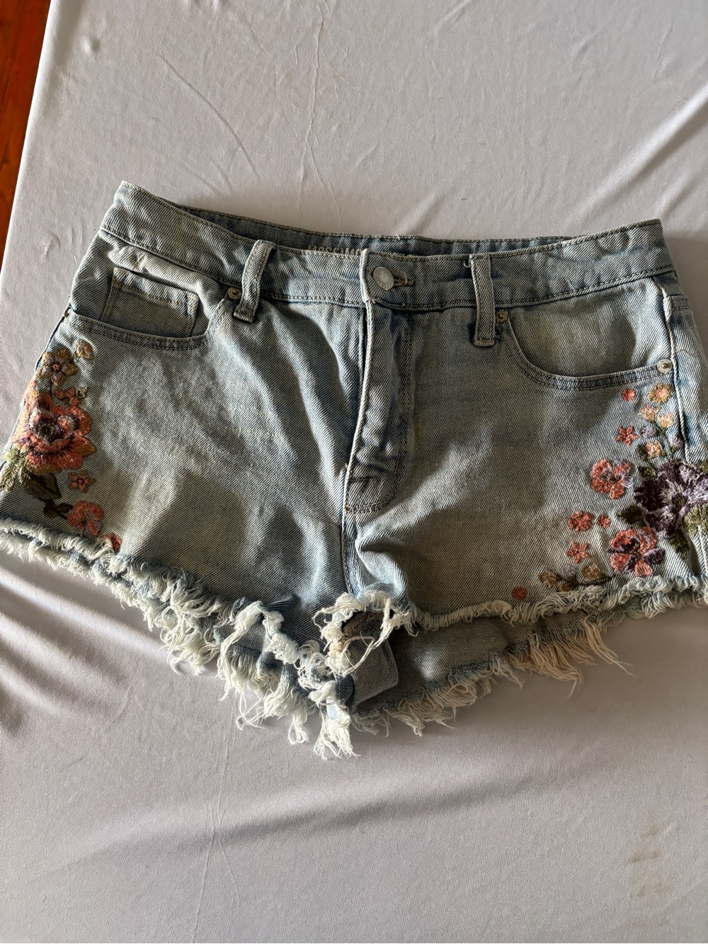 Mossimo Supply Co. Light Blue Denim Embroidered Frayed Hem Shorts